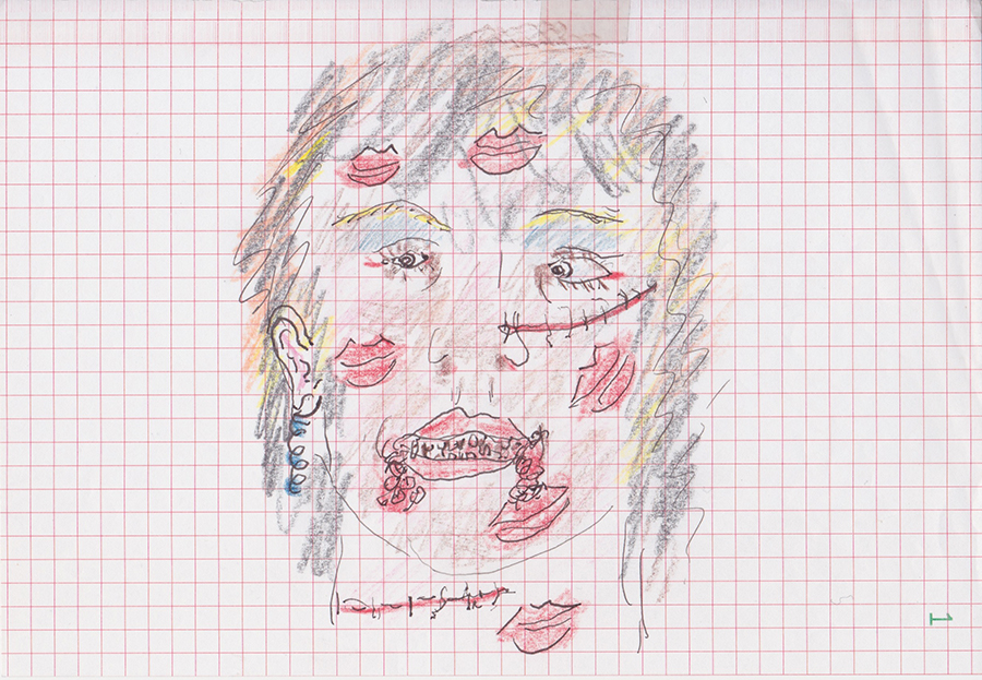 Pierre Guyotat, Untitled, Pen and colored pencil on graph paper, 7.25 x 9.75 in., 18.4 x 24.8 cm.