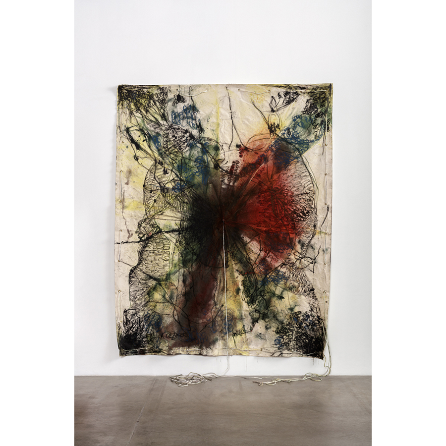 Naotaka Hiro
Untitled (Tent)
2016
Canvas, Fabric dye, Oil Pastel, Rope, Grommets
9 x 7 ft