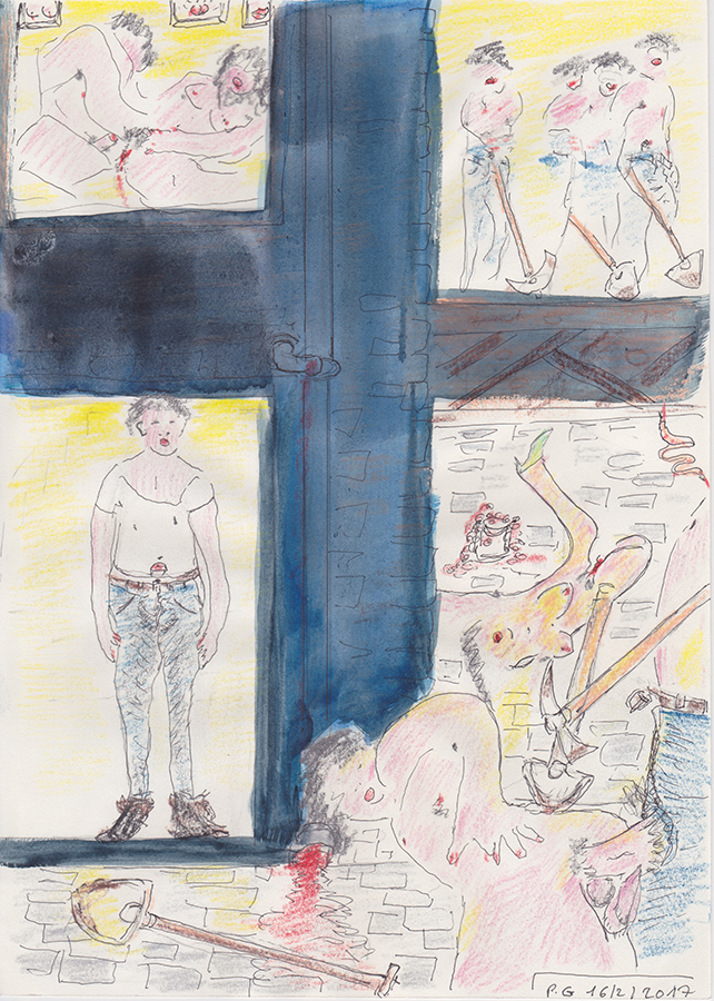 Pierre Guyotat, Untitled, 2017, Pen, colored pencil, gouache, pastel, graphite on paper, 13.25 x 9.75 in., 33.7 x 24.8 cm.