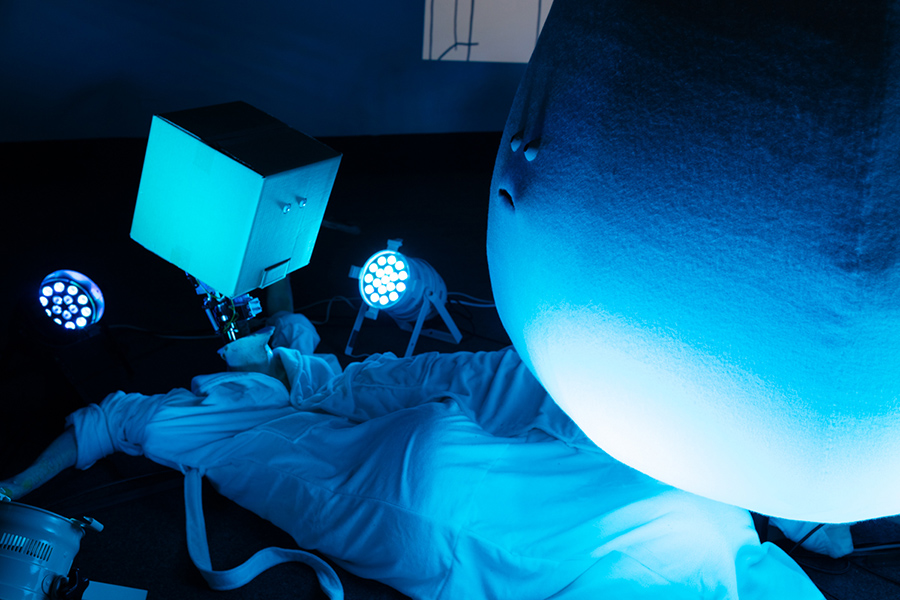 Nathaniel Mellors & Erkka Nissinen <br>The Aalto Natives (Floored version), 2017, Animatronic sculpture with synchronized 3 channel HD video, lighting sound, video: 50 minutes; dimensions variable, Edition of 2.