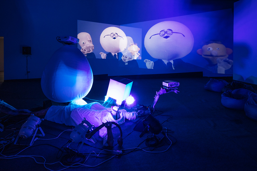 Nathaniel Mellors & Erkka Nissinen <br>The Aalto Natives (Floored version), 2017, Animatronic sculpture with synchronized 3 channel HD video, lighting sound, video: 50 minutes; dimensions variable, Edition of 2.