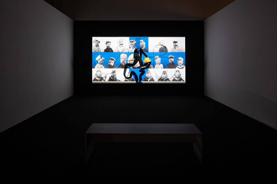 Nathaniel Mellors & Erkka Nissinen<br>Presidential Crucifixion, 2019, HD video, felt puppet, sponge, clothing, Edition of 2.
