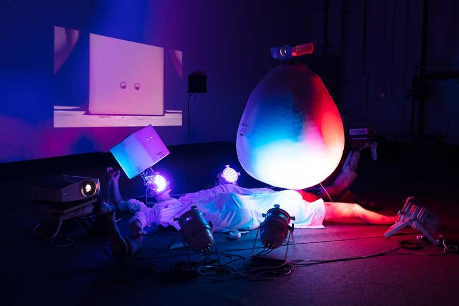 Nathaniel Mellors & Erkka Nissinen <br>The Aalto Natives (Floored version), 2017, Animatronic sculpture with synchronized 3 channel HD video, lighting sound, video: 50 minutes; dimensions variable, Edition of 2.